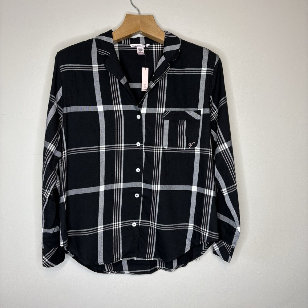 Victoria's Secret Women's Sz M Black Flannel Long Sleeve Button Front PJ Top NWT